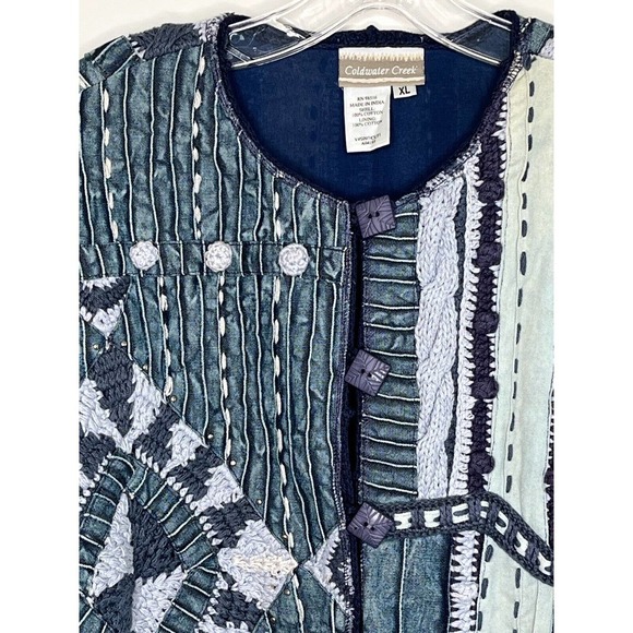 Coldwater Creek Women's Jacket Size XL Crochet Denim Boho Indigo Patchwork Y2K - Picture 6 of 15